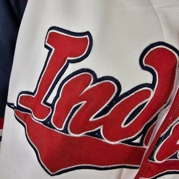 True Fan MLB Cleveland Indians Jersey Men’s Large L White Blue Red Baseball Shir - Picture 4 of 7